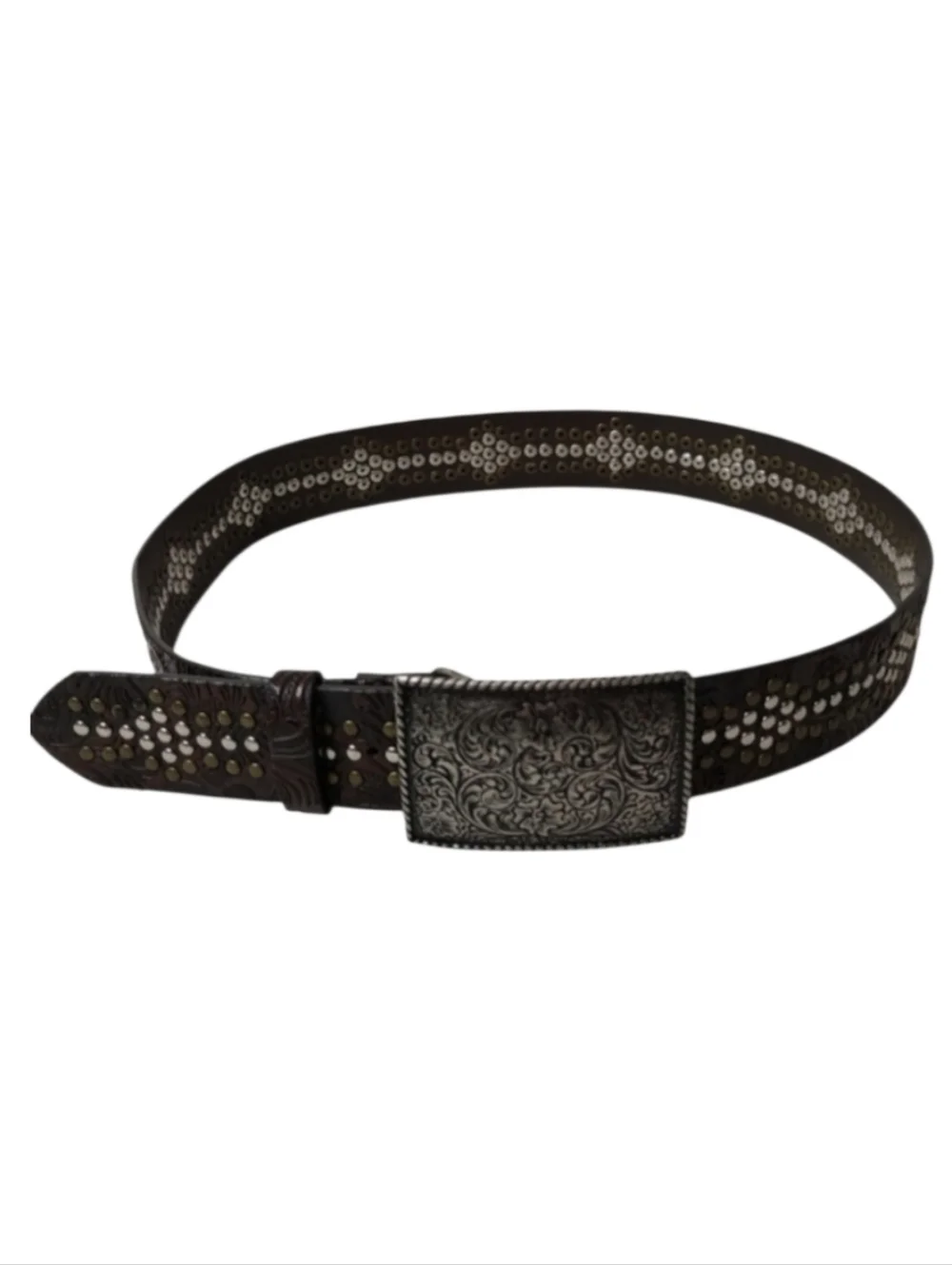 Vintage Y2K Perry Ellis Western Belt Embellished Scroll Design Faux Leather Brwn